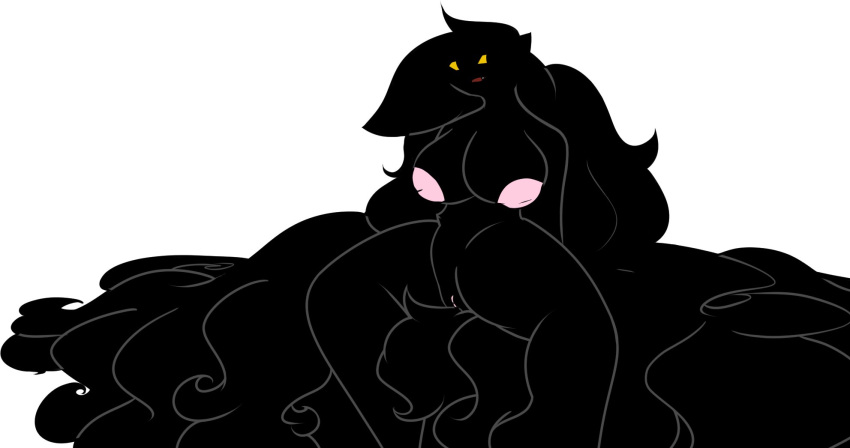 ambiguous_gender anthro big_breasts big_hair black_body black_fur black_hair breasts domestic_cat felid feline felis fur furry genitals gijinkmom hair hi_res huge_breasts huge_hair long_hair mammal pussy slim solo yellow_eyes