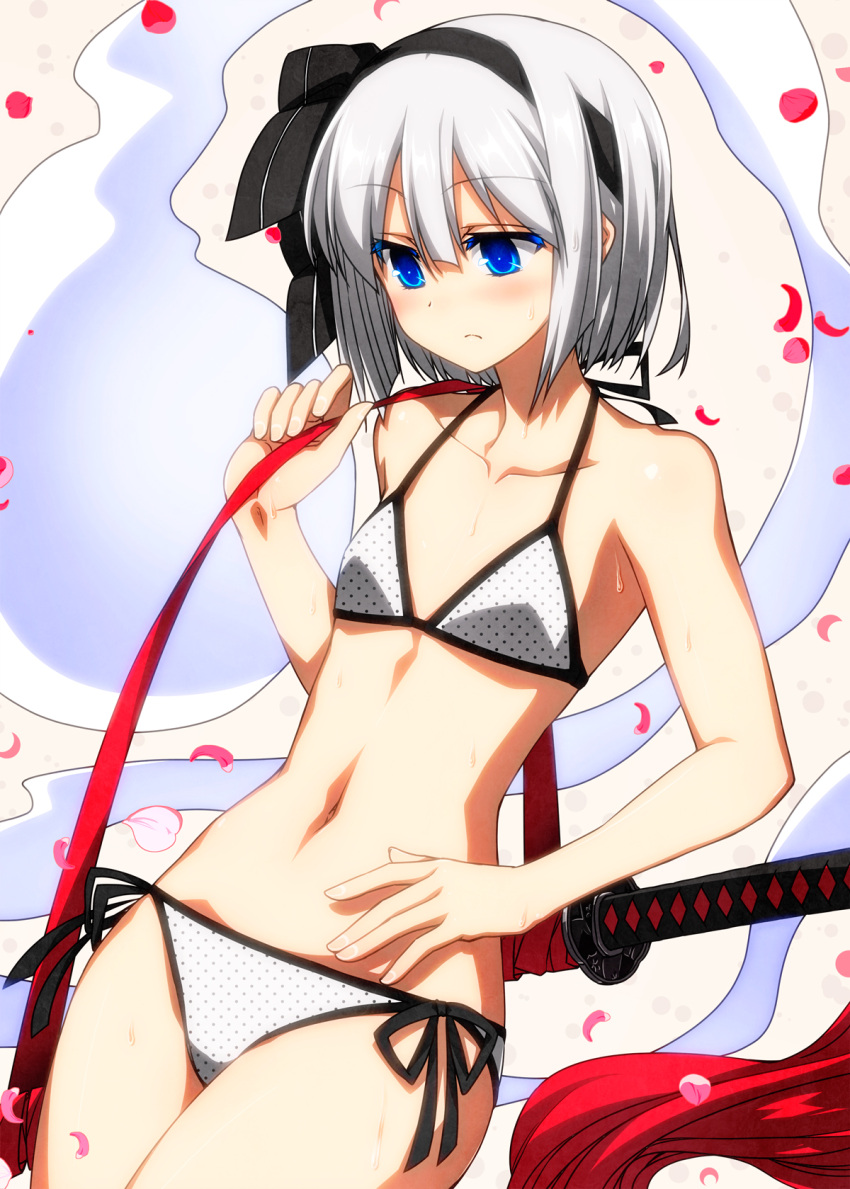 bare_arms bare_shoulders bikini black_hairband black_ribbon blue_eyes cherry_blossoms collarbone colored_eyelashes cowboy_shot female flat_chest hair_ribbon hairband halterneck hand_on_own_hip highres konpaku_youmu konpaku_youmu_(ghost) looking_down ribbon sazanami_mio sheath side-tie_bikini_bottom silver_hair solo stomach string_bikini sweat swimsuit sword touhou weapon white_bikini youmu_konpaku youmu_konpaku_(ghost)