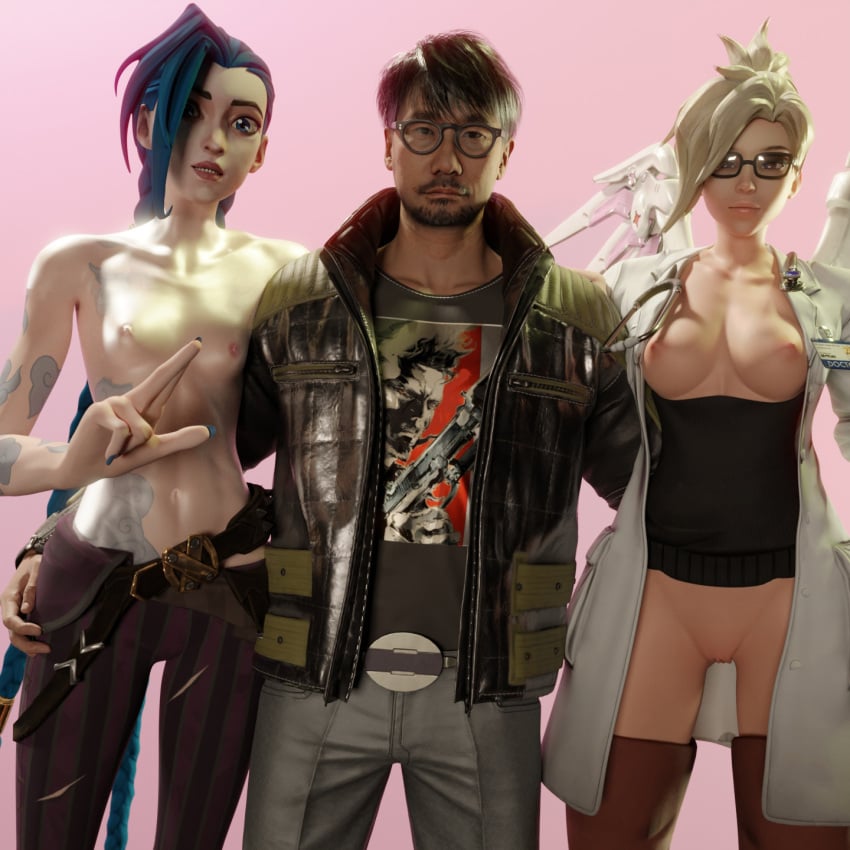 1boy 2girls 3d blizzard_entertainment breasts_out doctor eastern_and_western_character female hideo_kojima jinx_(league_of_legends) league_of_legends meme mercy metal_gear_solid metal_gear_solid_2 overwatch overwatch_2 riot_games selfie small_breasts solid_snake taking_picture tattoo topless wings