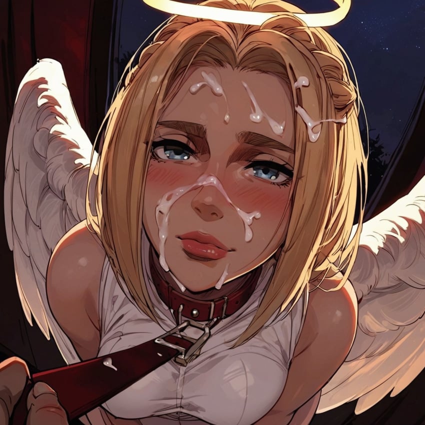 ai_generated angel angel_costume angel_wings attack_on_titan christa_lenz civitai cum facial female halloween halloween_costume halo historia_reiss leash pikachu1938 shingeki_no_kyojin tagme white_dress