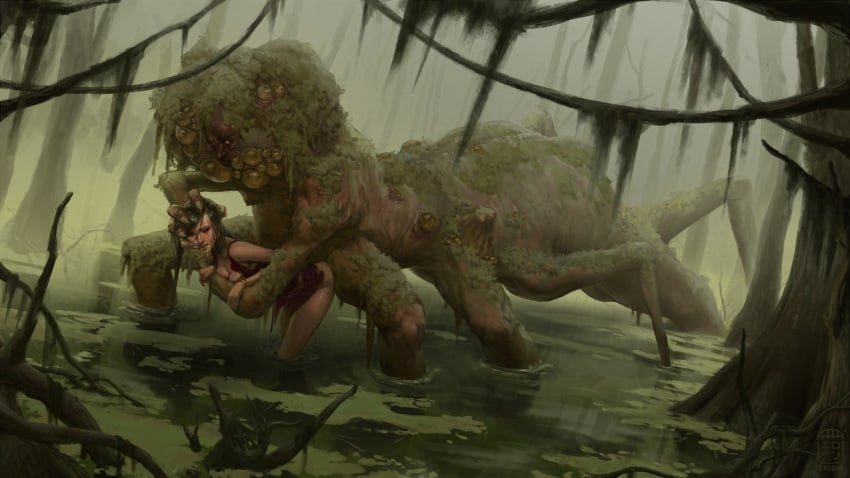 black_hair boils erodun given_up gross grotesque hand_on_head interspecies_sex monster_rape multi_leg outdoor_sex questionable_consent rape red_dress ripped_clothing standing_sex swamp swamp_monster trees water