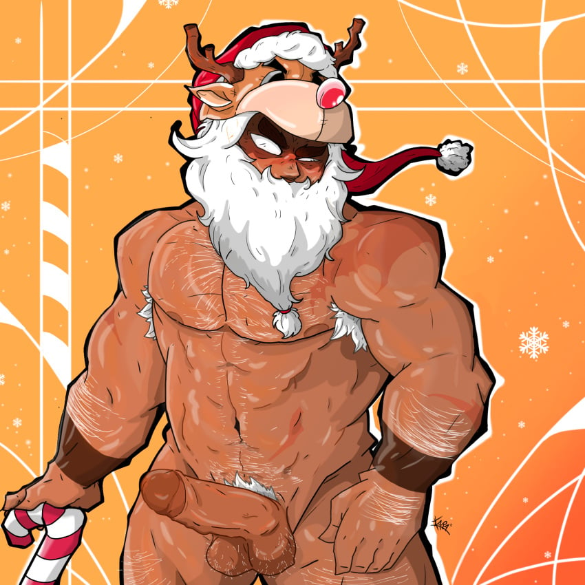 bara beard blushing bo_(brawl_stars) brawl_stars daddy gay hairy_male hidden_eyes jerking karavells male_only muscles muscular nsfw reindeer_ears reindeer_horns santa_hat white_beard