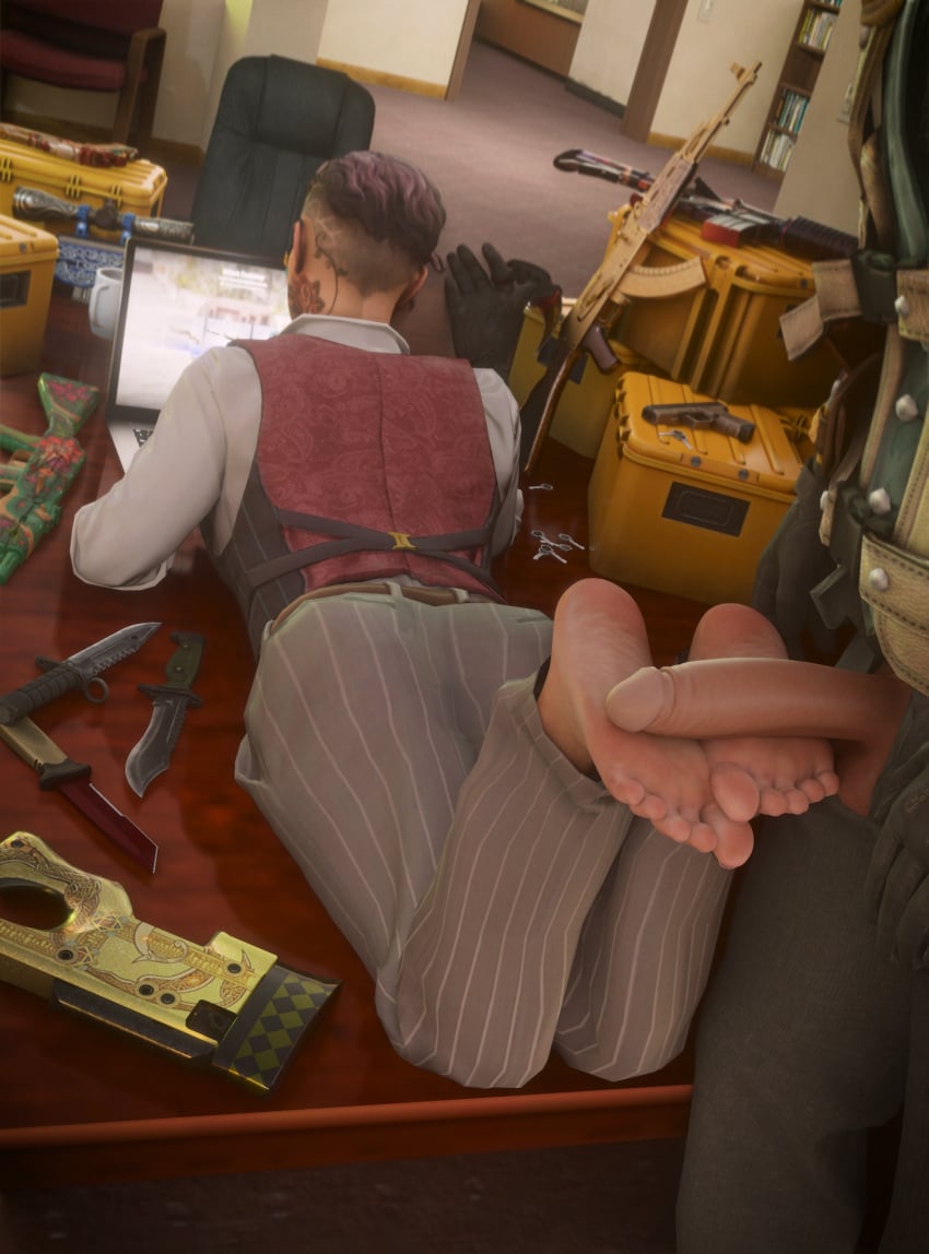 1boy 1girls 3d barefoot big_penis clothed_female clothed_male counter-strike:_global_offensive counter-strike_(series) feet foot_fetish footjob gun knife laptop looking_at_screen penis penis_on_feet plop_20 reverse_footjob tagme valve video_games voltzmann weapon