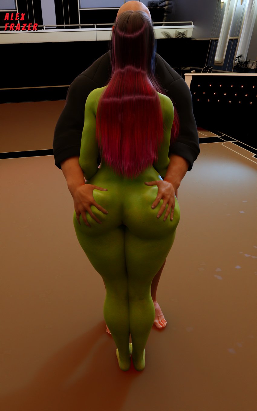 1boy 1girls 3d alexfrazer ass_focus ass_grab bald bald_man clothed_male female gamora green-skinned_female green_skin guardians_of_the_galaxy hyper_ass light-skinned_male light_skin male marvel red_hair straight unseen_female_face