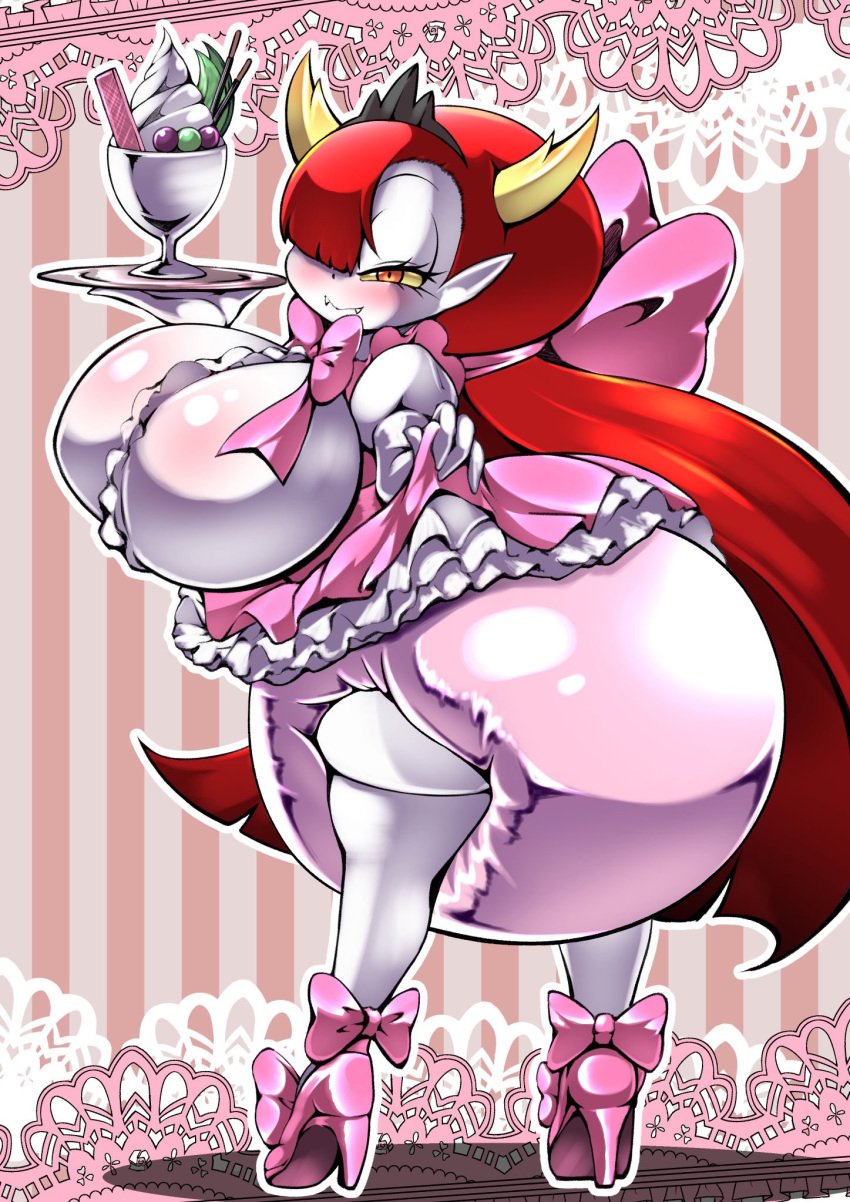 abdl ass big_breasts big_butt black_tiara blush bottomwear breasts clothed clothing clothing_lift cocco dessert diaper disney doily eyelashes fangs female food footwear hekapoo hi_res high_heels horn horned_humanoid humanoid humanoid_pointy_ears ice_cream lidded_eyes not_furry orange_eyes pale_skin pattern_background pumps simple_background skirt skirt_lift smile solo star_vs_the_forces_of_evil striped_background teeth yellow_sclera