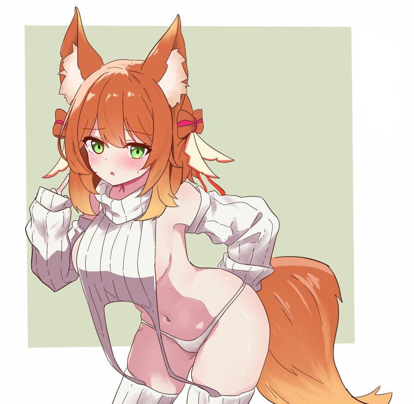 1girls animal_ears belly_button blush breasts detached_sleeves eien_project embarrassed eyebrows_visible_through_hair female female_only fox_ears fox_girl fox_tail green_eyes hair_ornament huge_breasts light-skinned_female light_skin looking_at_viewer meme_attire mirri_saffire no_bra orange_hair shinobialpaca sideboob solo sweatdrop tail virgin_destroyer_sweater virtual_youtuber