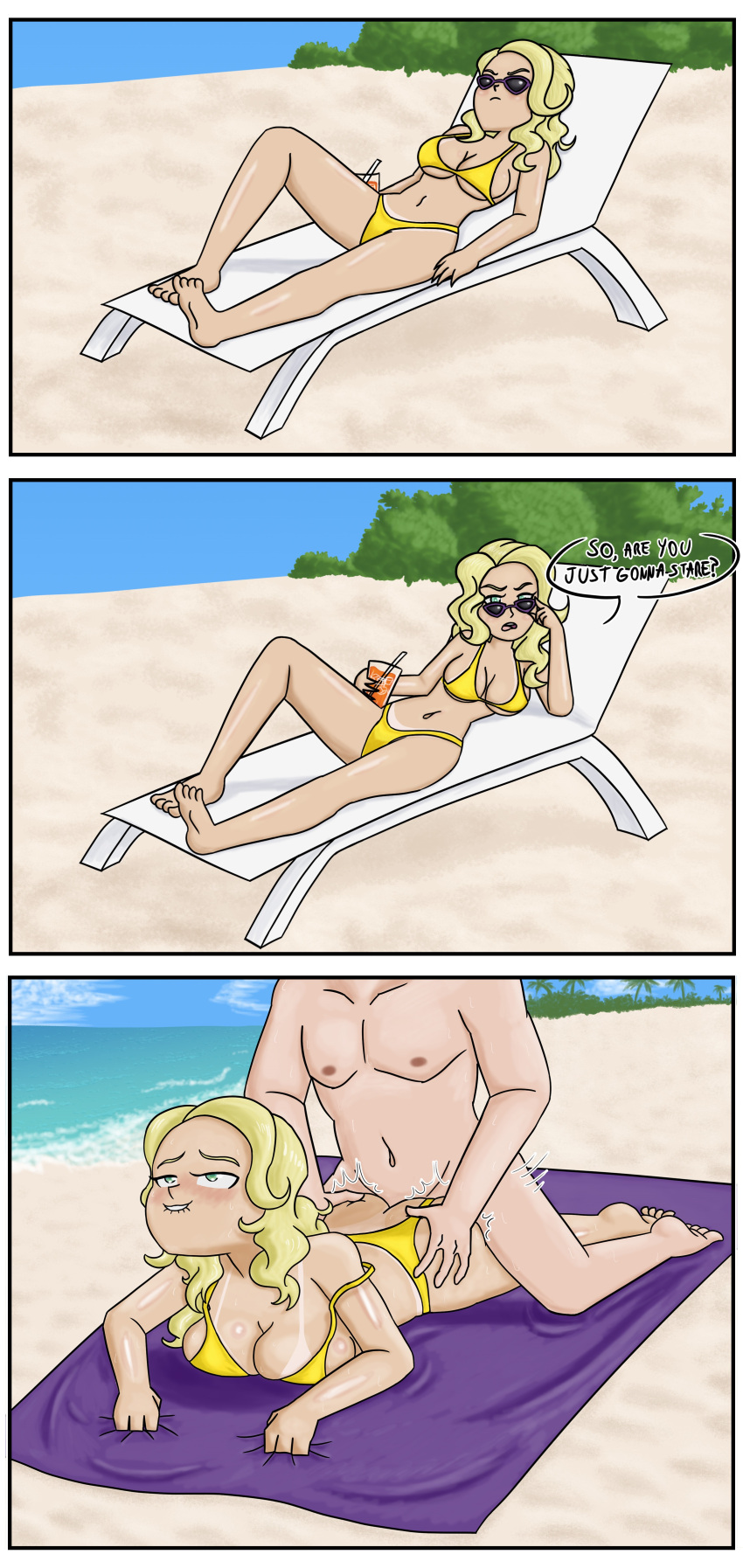 1boy 1girls beach bikini blonde_hair clothed clothed_female_nude_male clothed_sex dialogue green_eyes janet_james original_character public_sex sex sex_from_behind tan_body tanline tanning text text_bubble