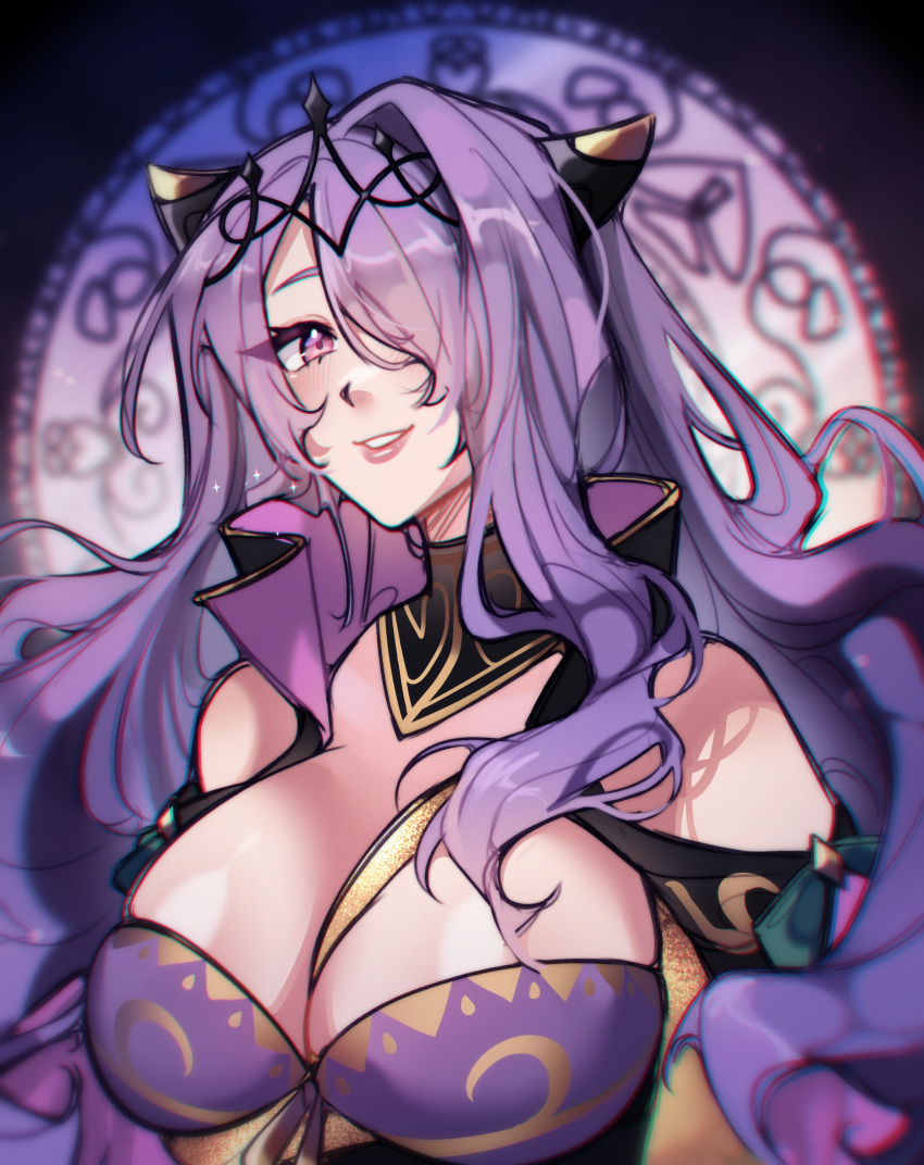 1girls absurdres alternate_costume breast_strap breasts camilla_(alluring_darkness)_(fire_emblem) camilla_(fire_emblem) cleavage fake_horns female female_only fire_emblem fire_emblem_fates fire_emblem_heroes hair_over_one_eye highres horns large_breasts long_hair looking_at_viewer nams_schmellows nintendo official_alternate_costume parted_lips pink_eyes purple_hair smile solo tiara upper_body very_long_hair wavy_hair