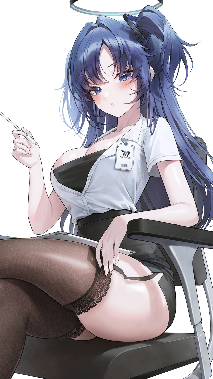 1girls black_skirt blue_archive blue_eyes blue_hair breasts chair garter_straps halo high-waist_skirt holding_pen id_card large_breasts long_hair looking_at_viewer meoyo millennium_science_school_logo_(blue_archive) millennium_science_school_student name_tag notebook office_lady pen pencil_skirt seminar_(blue_archive) shirt sitting_on_chair skirt thighhighs white_shirt yuuka_(blue_archive)