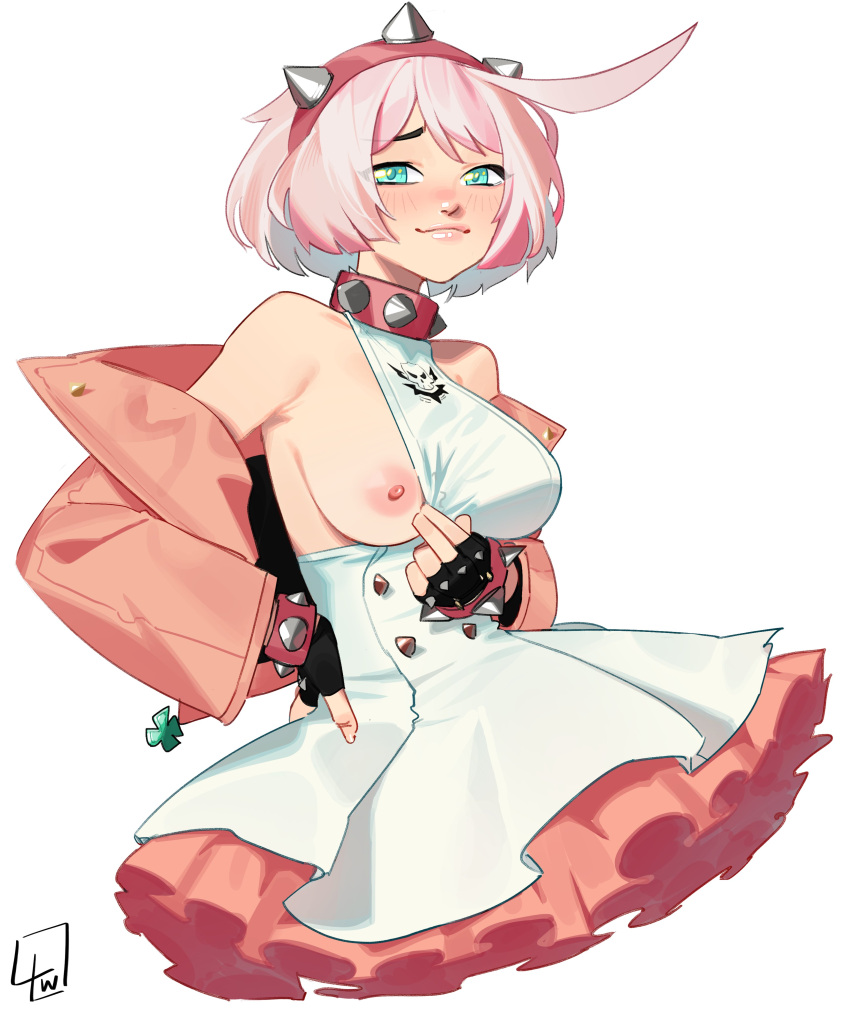 1girls armpits big_breasts collar elphelt_valentine fingerless_gloves green_eyes guilty_gear guilty_gear_strive l4wless looking_at_viewer nipples one_breast_out partially_clothed pink_hair presenting short_hair smile solo standing white_background white_hair