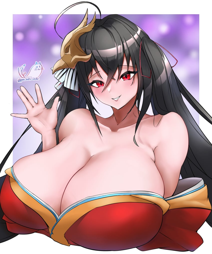 absurdres ahoge artist_name azur_lane bare_shoulders bird_mask black_hair bow breasts cleavage collarbone crossed_bangs female hair_ribbon highres huge_breasts japanese_clothes kimono long_hair looking_at_viewer mask mask_on_head off_shoulder pon_niki_ode red_eyes red_kimono ribbon signature smile solo striped striped_bow taihou_(azur_lane) teeth twintails very_long_hair waving