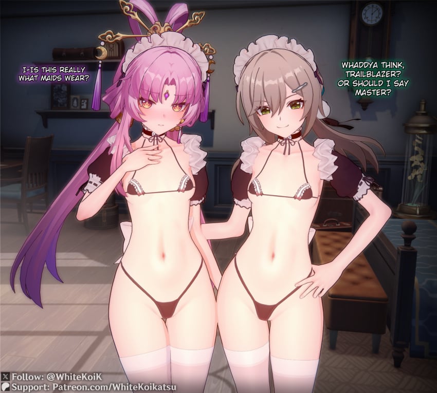 2girls 3d before_sex breasts fu_xuan_(honkai:_star_rail) honkai:_star_rail looking_at_viewer maid maid_bikini navel panties petite qingque_(honkai:_star_rail) small_breasts smile thighs white_(artist) whitekoi