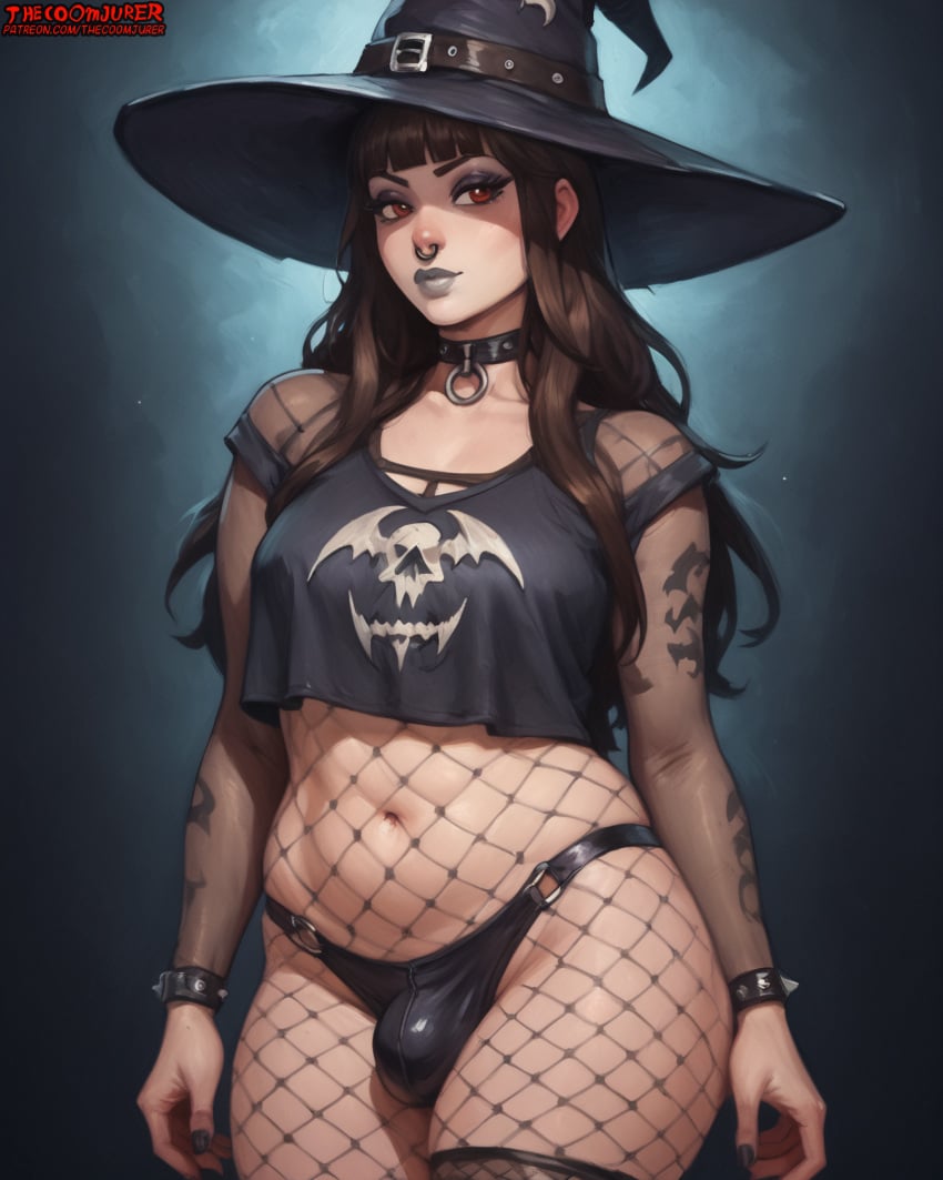 1futa 1girls absurd_res absurdres ai_assisted ai_generated bangs big_breasts brown_hair bulge bulge_through_clothing choker dickgirl eyelashes eyeliner eyeshadow fishnet fishnet_legwear fishnet_pantyhose fishnet_stockings fishnets fortnite fortnite:_battle_royale futanari goth goth_girl high_resolution highres lipstick long_hair makeup nose_piercing phaedra_(fortnite) piercing thecoomjurer thong witch_hat