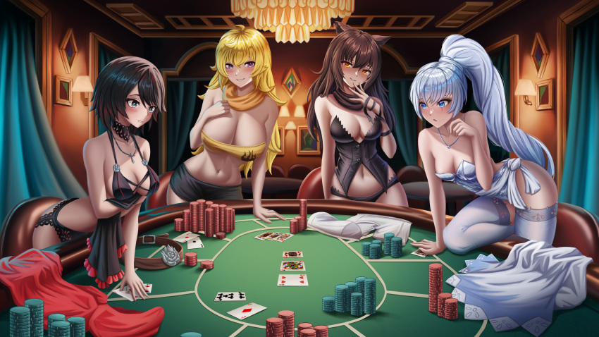 4girls black_hair blake_belladonna blonde_hair blue_eyes cleavage d4nkira multiple_girls navel poker poker_table purple_eyes ruby_rose rwby silver_eyes strip_poker stripping weiss_schnee white_hair yang_xiao_long yellow_eyes