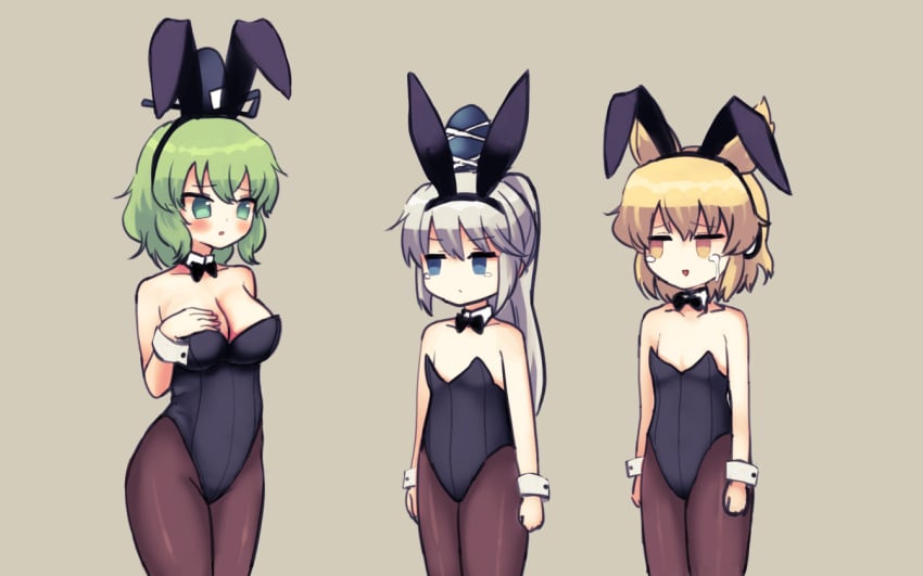 3girls animal_ears bare_arms bare_shoulders black_bow black_hairband black_headwear black_neckwear blonde_hair blue_eyes blue_headwear blush bow bowtie breast_envy breasts brown_legwear cleavage collarbone commentary_request cowboy_shot crying detached_collar fake_animal_ears flat_chest green_eyes green_hair grey_background hair_between_eyes hairband hand_on_own_chest hat large_breasts leotard long_hair looking_at_another mononobe_no_futo multiple_girls no_nose pantyhose parted_lips playboy_bunny pointy_hair ponytail puroshimin rabbit_ears short_hair silver_hair simple_background soga_no_tojiko standing tate_eboshi tears thighs touhou toyosatomimi_no_miko wrist_cuffs yellow_eyes