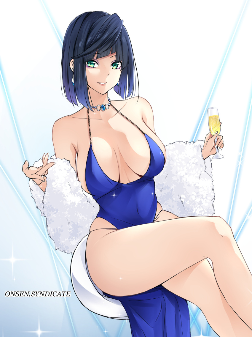 1girls blue_dress blue_hair breasts champagne_glass genshin_impact green_eyes gs_(onsen_syndicate) heavenly_ass party_dress solo solo_female thighs yelan_(genshin_impact)