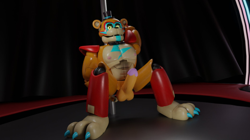 3d animatronic anthro bear biceps blue_nails bowtie donsombras facial_markings five_nights_at_freddy's five_nights_at_freddy's:_security_breach fnaf glamrock_freddy_(fnaf) lighting_bolt looking_at_viewer looking_pleasured machine male male_focus male_only muscular muscular_male non_human orange_body pole pole_dancing presenting presenting_penis robot robot_humanoid scottgames smile solo solo_focus solo_male spiked_bracelet steel_wool_studios tan_body top_hat two_tone_body ursid ursid_humanoid ursine yellow_eyes