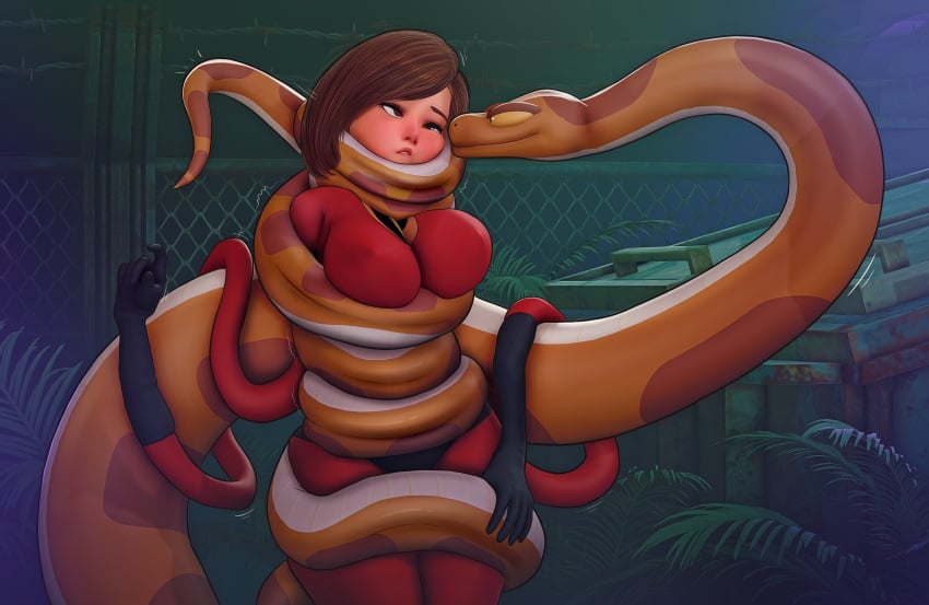 3d asphyxiation big_breasts brown_eyes brown_hair coiling coils constriction elastigirl helen_parr kingocrsh medium_hair snake stretching struggling the_incredibles thick_thighs tight_clothing