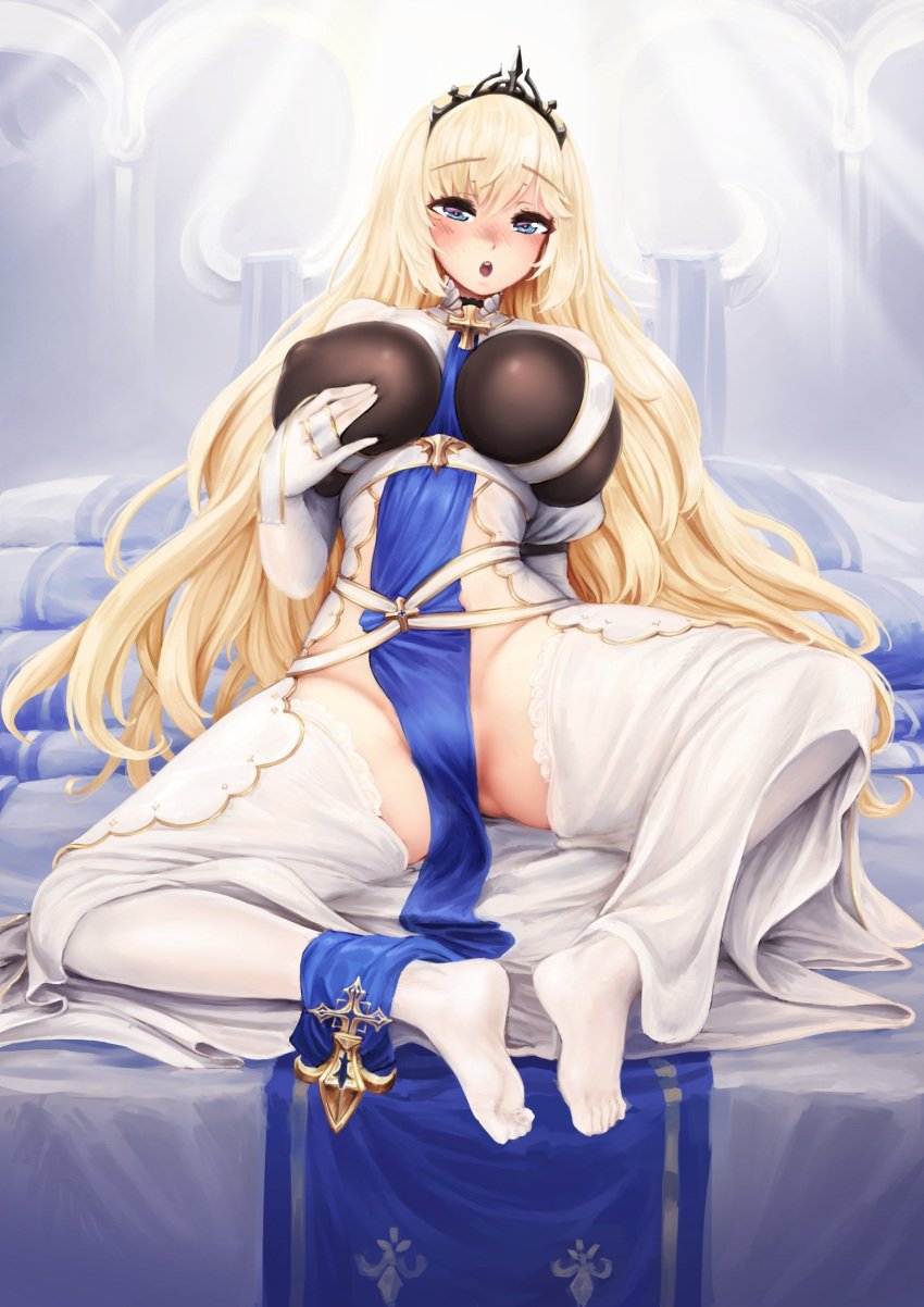 1girls azur_lane barbariank blonde_hair blue_eyes blush clothed clothing eyebrows_visible_through_hair female female_only indoors iris_libre_(azur_lane) light-skinned_female light_skin looking_at_viewer no_bra no_panties nose_blush painlevé_(azur_lane) pelvic_curtain revealing_clothes skimpy_clothes solo suggestive suggestive_pose tiara