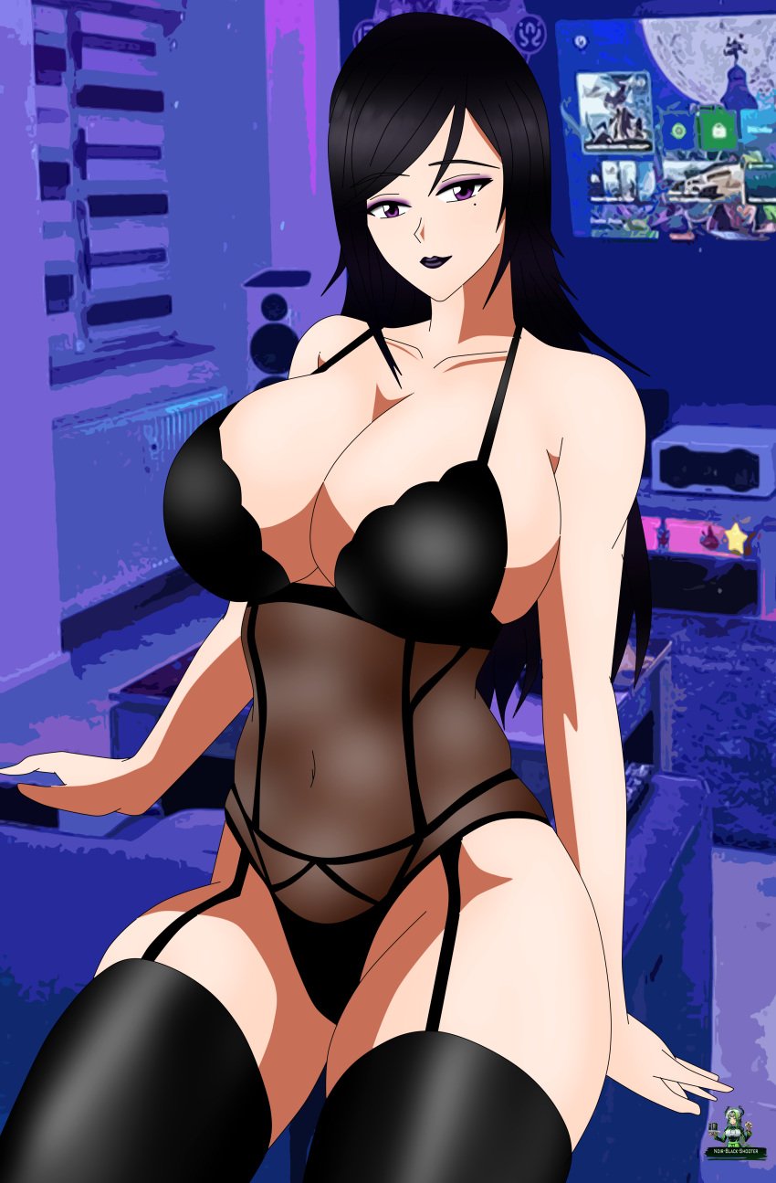 1girls akinama_family_(noir-black-shooter) babydoll big_breasts breasts dark_purple_hair gamer gamer_girl kaori_akinama_(noir-black-shooter) lingerie mole_under_eye noir-black-shooter oc original original_character purple_eyes