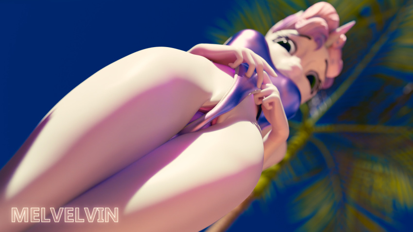 16:9 3d_(artwork) anthro anthrofied clothing depth_of_field digital_media_(artwork) dildo equid equine friendship_is_magic genitals green_eyes hair hasbro hi_res horn low-angle_view mammal melvelvin my_little_pony palm_tree penetration pink_hair plant purple_hair pussy sex_toy sweetie_belle_(mlp) swimwear tree unicorn vaginal_penetration vaginal_penetration widescreen worm's-eye_view