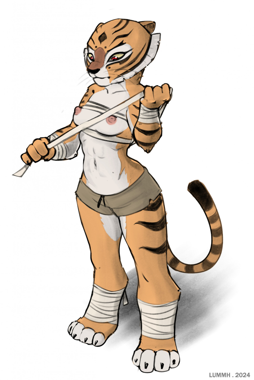 abs anthro athletic athletic_anthro athletic_female breasts chilllum dreamworks felid female fur kung_fu_panda mammal master_tigress navel nipples orange_body orange_fur pantherine red_eyes solo standing striped_body striped_fur stripes tiger wraps yellow_sclera