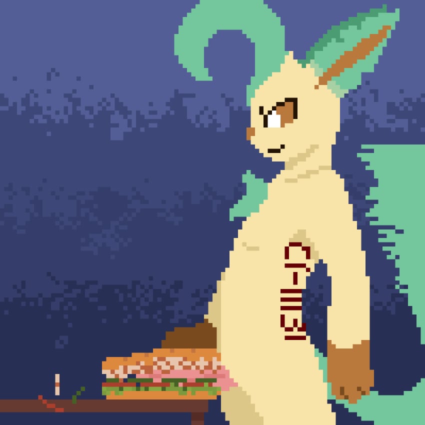 1boy 2016 animal_genitalia animal_penis animated anthro batartcave chibi_leafeon diphallia diphallism eeveelution erection food food_penetration furry hemipenes leafeon male male_only multi_penis nintendo penetration penis penis_in_sandwich pixel_art pokemon sandwich sex size_difference smile thrust