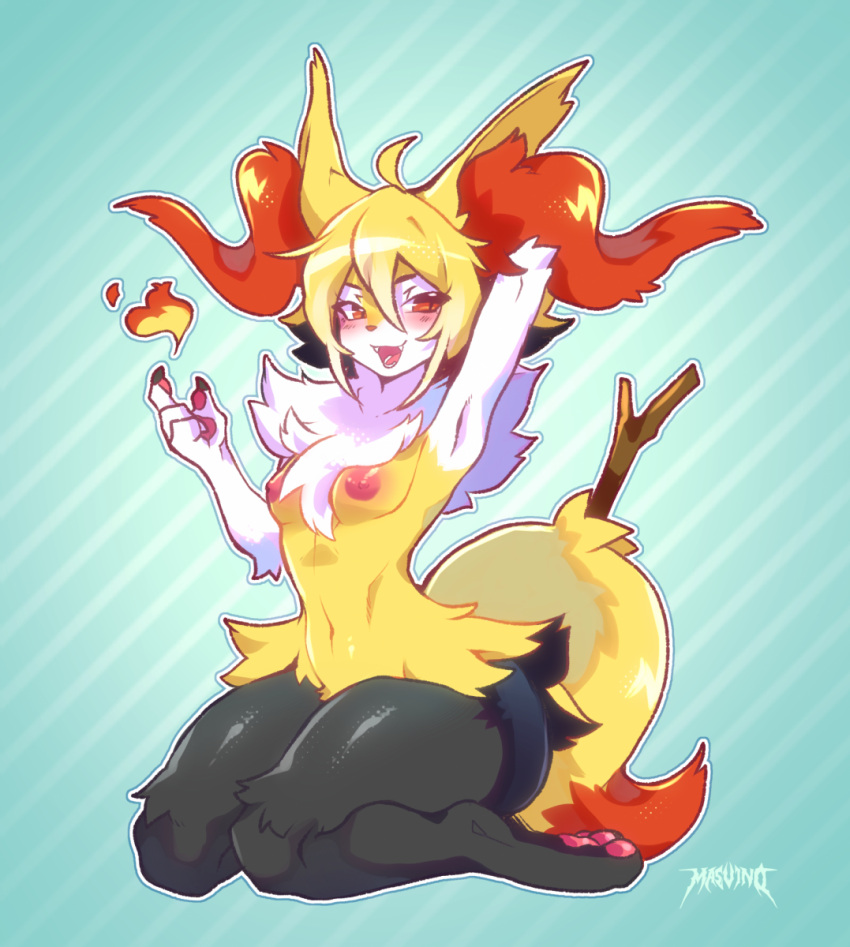 anthro big_tail black_body black_fur blonde_hair blush braixen breasts canid canine claws fangs female fur generation_6_pokemon hair mammal masvino multicolored_body multicolored_fur navel nintendo open_mouth open_smile paws pokemon pokemon_(species) smile solo stick tail thick_thighs white_body white_fur yellow_body yellow_fur