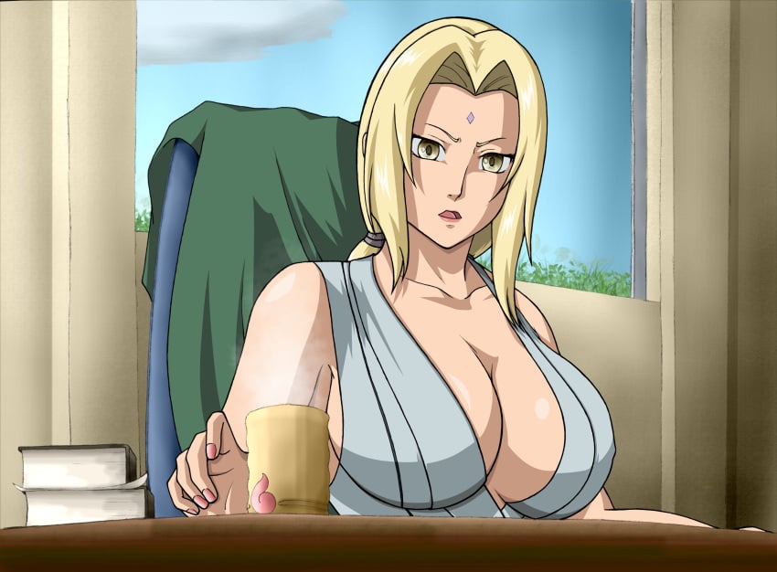 armipts blonde_hair breasts coffee deviantart female hair_ornament hokage kaendd large_breasts long_hair mature_female naruto naruto_(series) naruto_shippuuden open_mouth solo tattoo text tsunade yellow_eyes