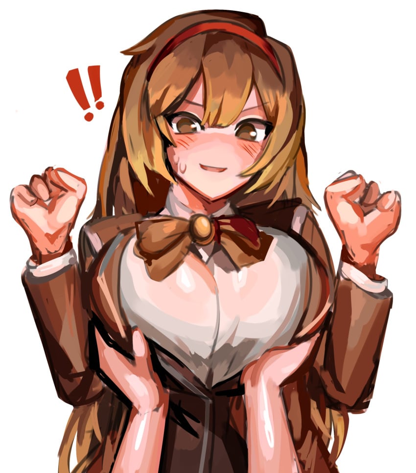 !! 1girls blush breast_grab breasts brown_eyes brown_hair groping hairband hands_up large_breasts library_of_ruina lobotomy_corporation malkuth_(lobotomy_corporation) morchkins project_moon