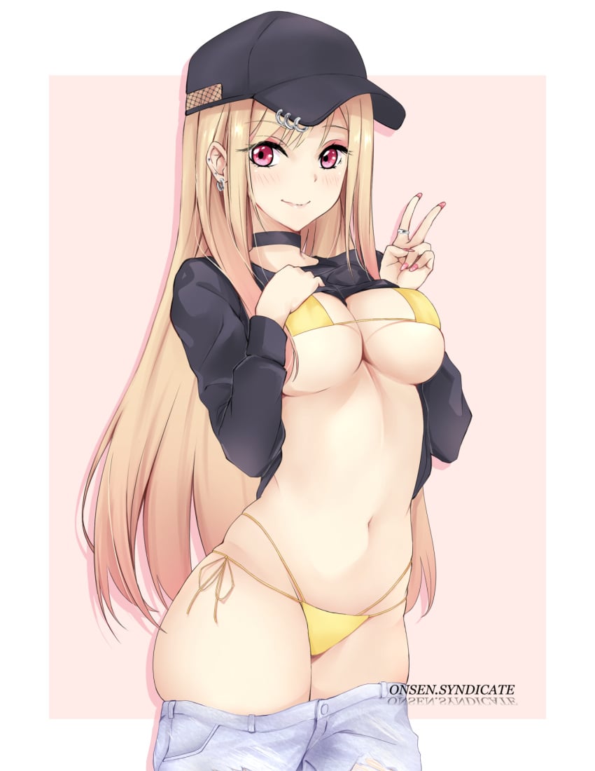 1girls belly belly_button breasts female female_only gs_(onsen_syndicate) gyaru hat human kitagawa_marin long_hair nail_art peace_sign solo sono_bisque_doll_wa_koi_wo_suru swimsuit