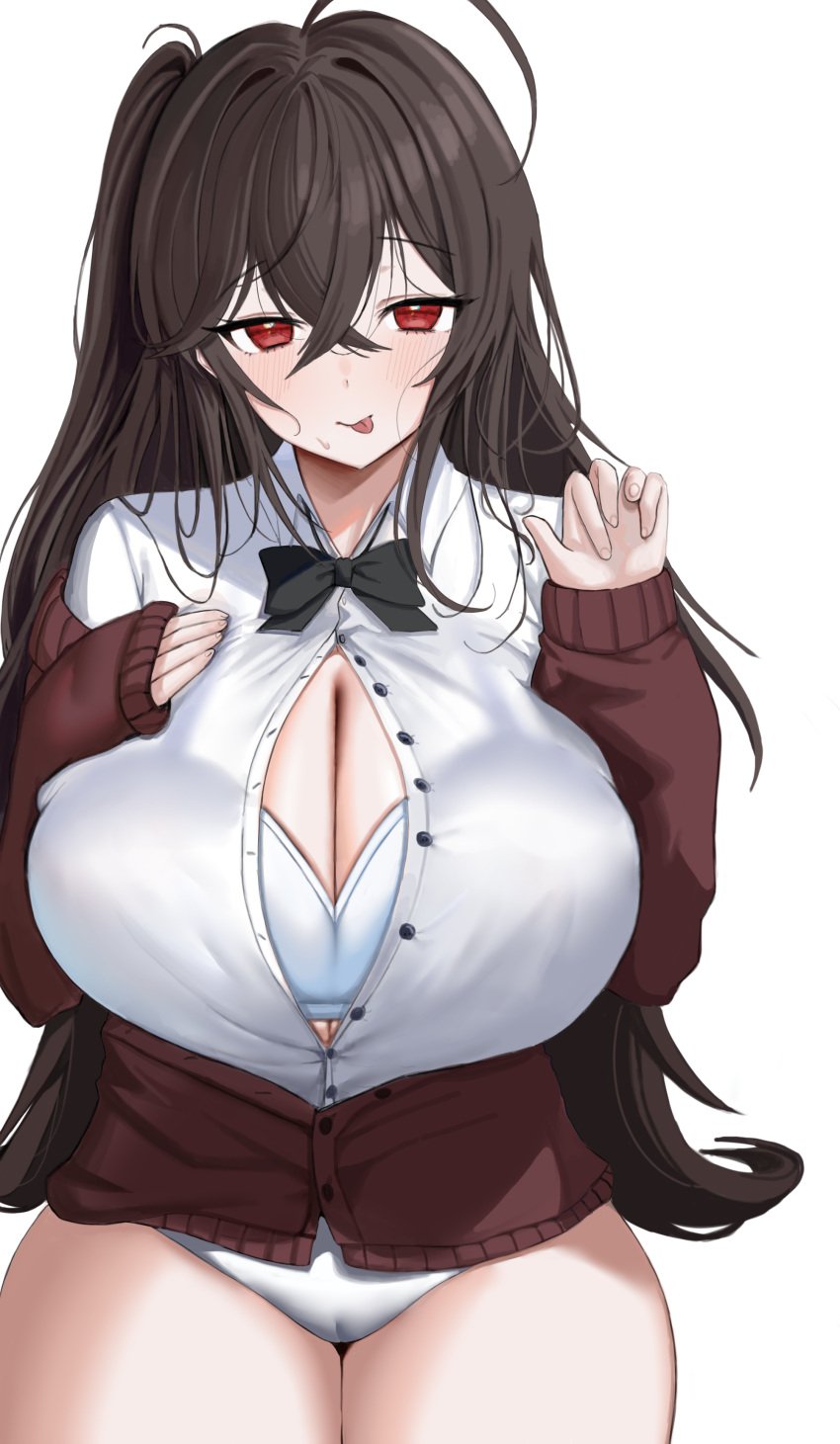 absurdres ahoge azur_lane black_bow black_bowtie black_hair bow bowtie bra bra_visible_through_clothes breasts button_gap cleavage collared_shirt commission crossed_bangs female hand_on_own_chest hand_up highres huge_ahoge huge_breasts jacket long_hair long_sleeves looking_at_viewer no_pants official_alternate_costume one_side_up panties partially_unbuttoned pixiv_commission red_eyes red_jacket school_uniform shirt taihou_(azur_lane) taihou_(sweet_time_after_school)_(azur_lane) tongtangtong tongue tongue_out underwear uniform white_background white_bra white_panties white_shirt