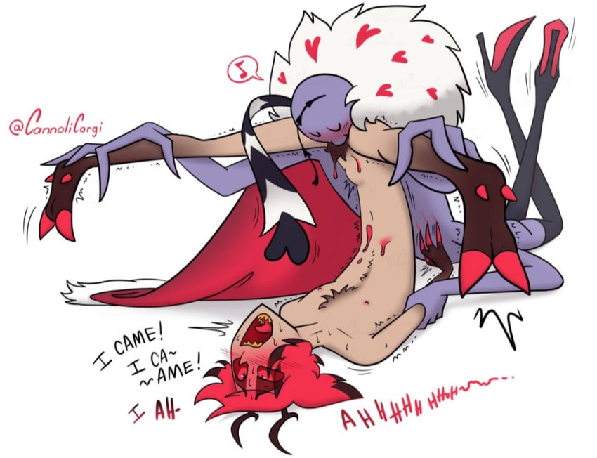 alastor_(hazbin_hotel) blush cannolicorgi color cunnilingus cuntboy dialogue eating_pussy hazbin_hotel high_heels holding_arms holding_legs hooved_toes hooves legs_apart legs_spread legs_up male/male scratch_marks scratches text ugly valentino_(hazbin_hotel)