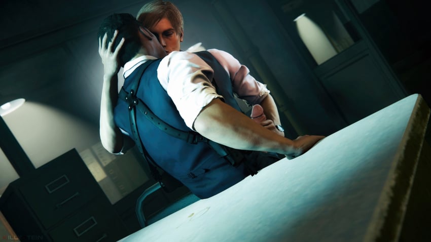 2boys black_hair blonde_hair dante devil_may_cry handjob killystein kissing leon_scott_kennedy male_focus male_only necktie office penis penis_grab police_station resident_evil undressing yaoi