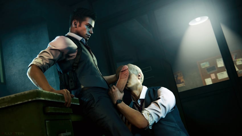 2boys black_hair blonde_hair blowjob dante devil_may_cry hand_on_head killystein leon_scott_kennedy male_focus male_only necktie office penis police_station resident_evil yaoi