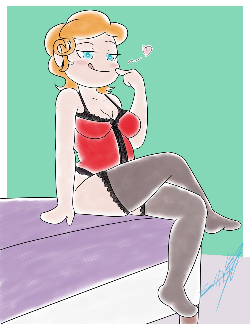 licking_lips lingerie milf mom_(noxshade) noxshade orange_hair original_character red_lingerie sitting_on_bed stockings