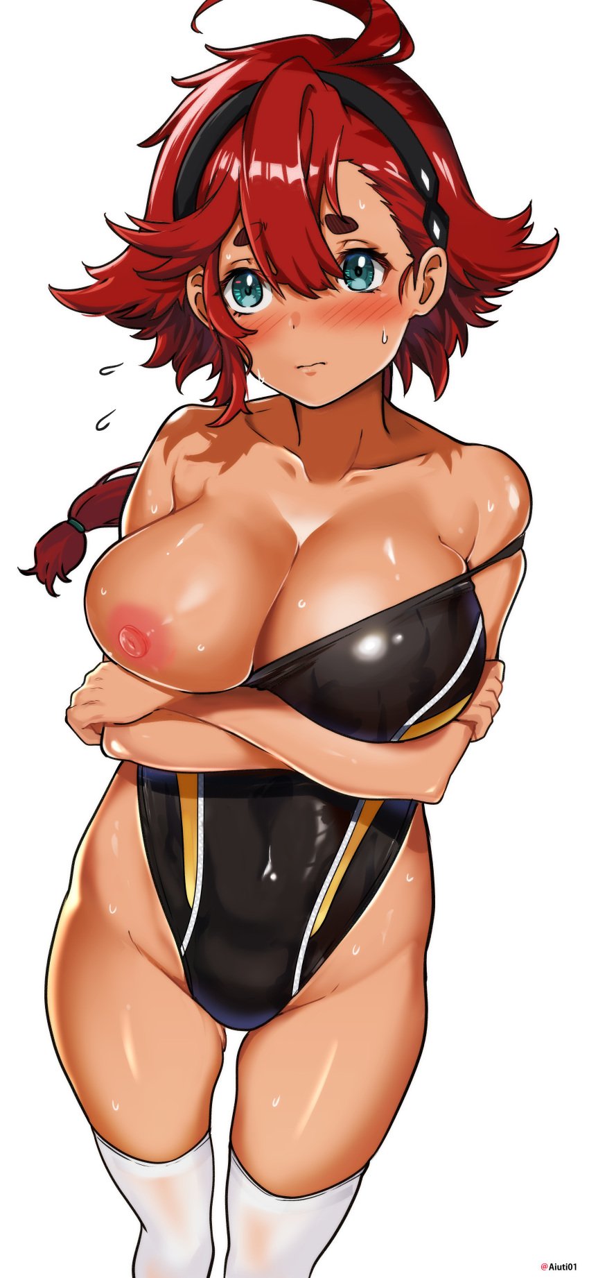 1girls ahoge aiuti blue_eyes blush breasts breasts_out dark-skinned_female dark_skin female gundam gundam_suisei_no_majo large_breasts looking_at_viewer nipples red_hair short_hair skindentation solo suletta_mercury swimsuit thighhighs thighs