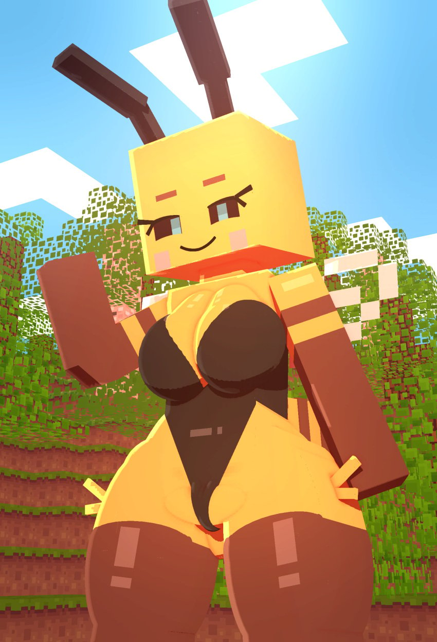 3d_(artwork) animal_humanoid antennae_(anatomy) anthro arthropod arthropod_humanoid bee bee_(minecraft) bee_girl bee_humanoid big_breasts blue_eyes breasts clothing coresvoid curvaceous curvy_body curvy_female curvy_figure digital_media_(artwork) female food fur hi_res huge_breasts humanoid hymenopteran hymenopteran_humanoid insect_humanoid insects looking_at_viewer microsoft mine-imator minecraft mojang smile smooth_skin solo stinger thick_thighs voluptuous wings xbox_game_studios yellow_body