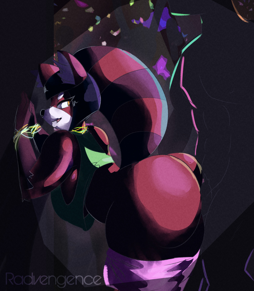 ailurid anthro april_(radvengence) ass big_butt black_hair blacklight clothing digital_media_(artwork) duo female fur hair hi_res huge_butt male male/female mammal radvengence rave red_body red_fur red_panda short_hair topwear yellow_eyes