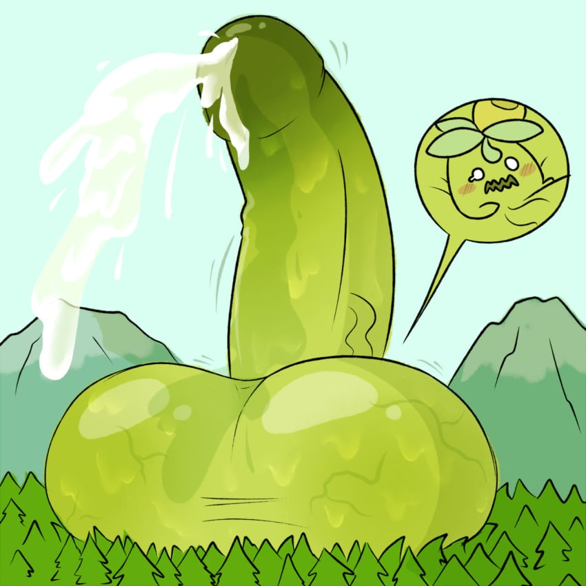 balls blush colossal_penis cum cumshot excessive_cum flora_fauna hyper hyper_penis massive_penis mountain olive_(fruit) penis penis_bigger_than_body pokémon_(species) pokemon semi-anthro size_comparison smoliv solo tagme tree tummysoup veiny_penis