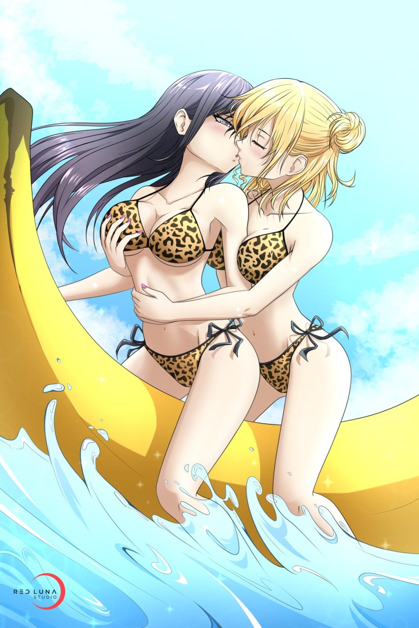 2girls aihara_mei aihara_yuzu animal_print artist_logo artist_name banana_boat bare_shoulders beach bikini blonde_hair blush canon_couple citrus_(saburouta) cleavage closed_eyes clouds commission couple fingernails grabbing grabbing_another's_breast grabbing_from_behind hair_bun half-closed_eyes hand_on_hand highres hug hug_from_behind kiss large_breasts leopard_print leopard_print_bikini long_hair multiple_girls navel outdoors partially_submerged pink_nails pseudo-incest purple_eyes single_hair_bun sky stepsisters summer sunlight war_bunny yuri