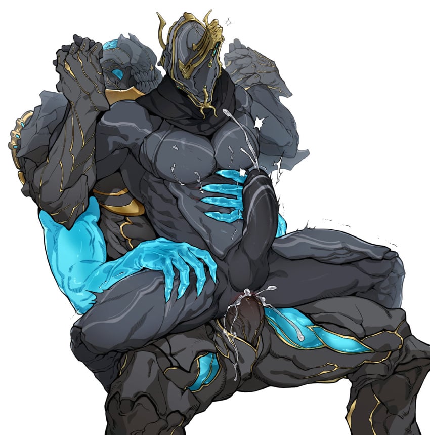 anal balls bodily_fluids cum cum_in_ass cum_inside duo ejaculation excalibur_(warframe) excalibur_umbra_(warframe) genital_fluids genitals hands-free hi_res lotusshim554 male male/male muscular muscular_male nidus_(warframe) not_furry pecs simple_background warframe