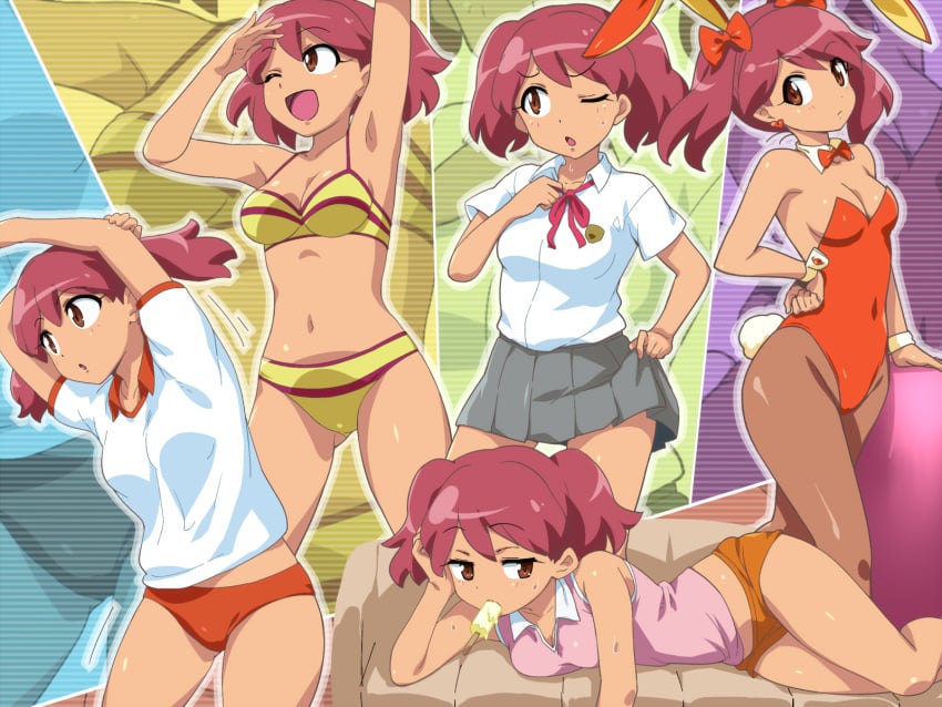 ;o adjusting_neckwear alternate_costume animal_ears arms_up bikini bored bow bowtie breasts buruma cleavage couch covered_navel detached_collar earrings fake_animal_ears fake_tail female female_focus food gym_uniform hair_ribbon hairu hand_on_own_hip happy head_rest highres hinata_natsumi jewelry keroro_gunsou legs leotard looking_at_viewer lying midriff mouth_hold navel on_side one_eye_closed open_mouth orange_leotard pantyhose playboy_bunny popsicle rabbit_ears rabbit_tail red_eyes red_hair red_neckwear red_ribbon ribbon school_uniform short_shorts shorts skirt skirt_grab small_breasts smile solo spread_legs standing stretching striped_bikini striped_clothes swimsuit tail thighs twintails two-tone_bikini two_side_up