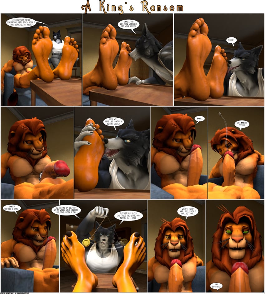 2023 3d 3d_(artwork) 5_fingers 5_toes anthro anthrofied armchair ass barefoot black_body black_fur border canid canine canis chair clock closed_eyes clothing comic dialogue digital_media_(artwork) disney duo ejaculation eleven_frame_image erection feet feet_on_table felid fingers flaccid foot_fetish foot_focus foot_grab foot_lick foot_play fur furniture gay genitals glans grey_body grey_fur hi_res humanoid_feet humanoid_genitalia humanoid_penis hypnosis hypnotic_eyes inside kidnap kidnapping licking lights lion male male/male mammal mane mind_control multicolored_body multicolored_fur muscular muscular_anthro muscular_male orange_body orange_fur pantherine penile penis plantigrade prick_ears red_glans red_mane shadow shirt simba_(the_lion_king) sitting sitting_on_armchair snout soles speech_bubble stopwatch tank_top the_lion_king toes tongue tongue_out topwear two_tone_body two_tone_fur unconscious unconscious_male viciouscabaret wall_(structure) watch white_clothing white_shirt white_tank_top white_topwear white_wall wolf yellow_body yellow_fur yellow_penis