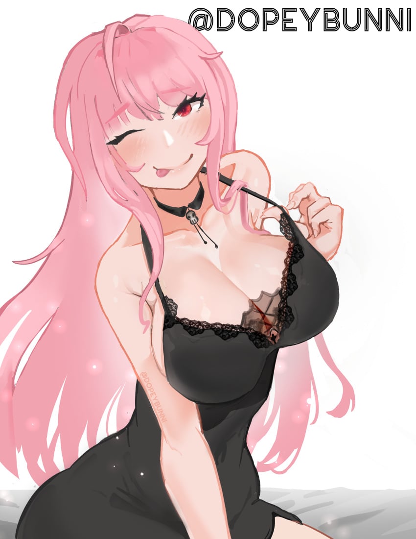 artist_name artist_upload breasts chest cleavage coy dopeybunni hololive hololive_english hololive_myth lace large_breasts mori_calliope night nightdress pink_hair red_eyes tongue tongue_out virtual_youtuber