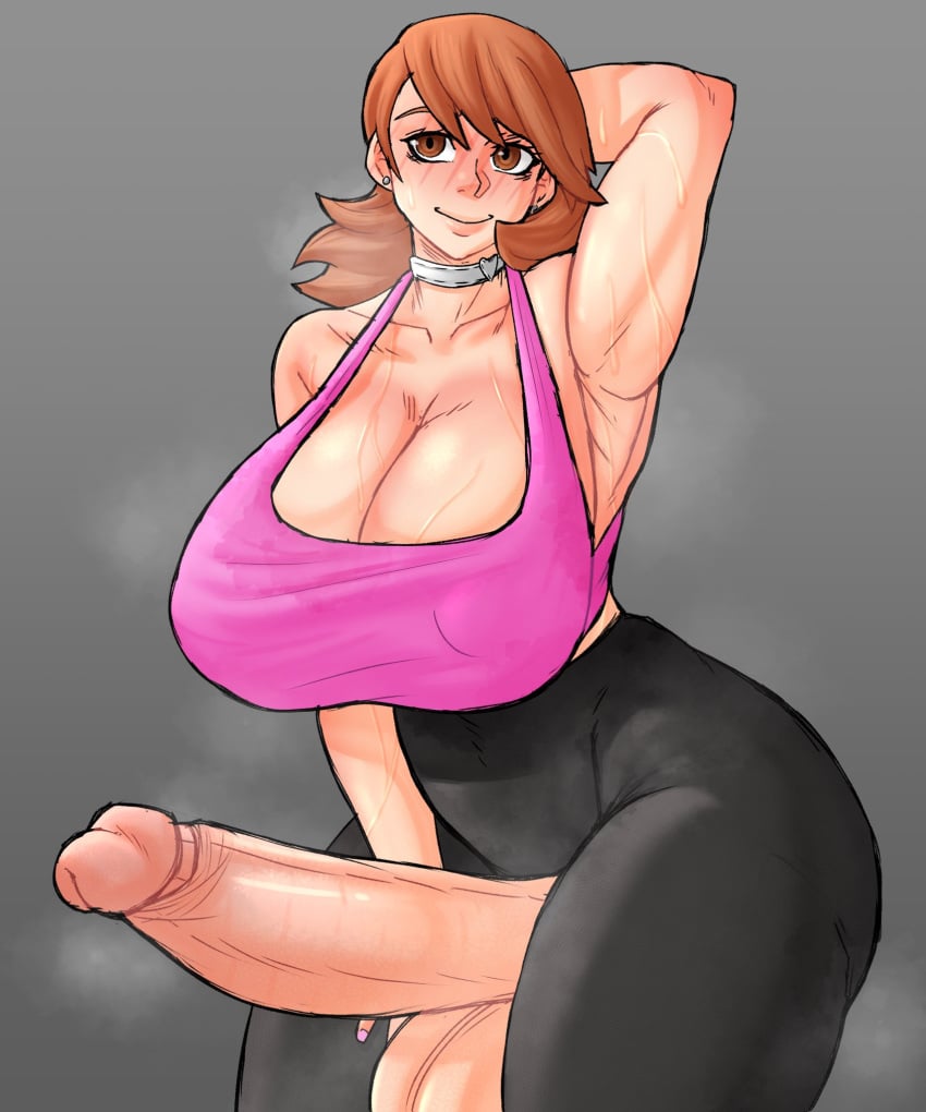 1futa alternate_version_available balls big_breasts breasts brown_hair choker clothed clothing erection futa futa_only futanari huge_cock human light-skinned_futanari light_skin long_hair medium_hair mostly_clothed penis penis_out persona persona_3 slushiebest solo standing sweat yukari_takeba