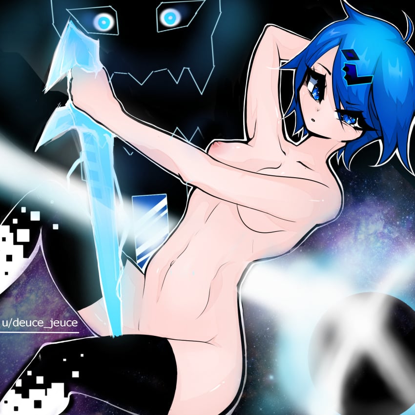 black_leggings blade_of_justice(geometry_dash) blue_eyes blue_hair deuce_jeuce geometry_dash large_breasts leggings pole_dancing spear