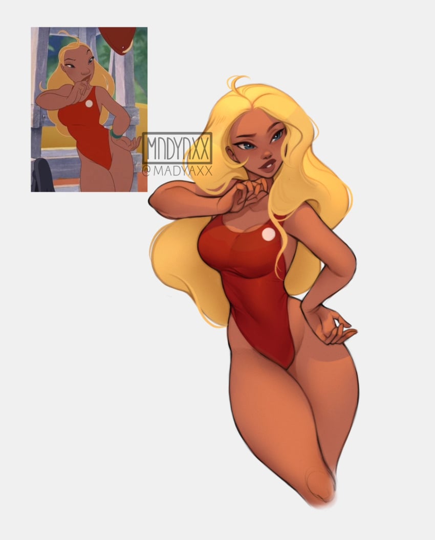 1girls blonde_hair dark-skinned_female dark_skin female female_only lifeguard lifeguard_(lilo_and_stitch) lilo_and_stitch madyaxx one-piece_swimsuit solo swimsuit thick_thighs thighs white_background wide_hips