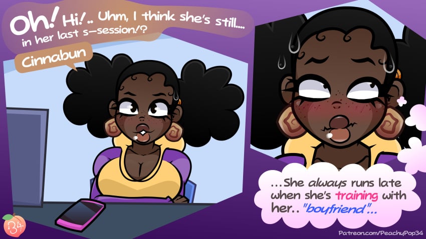 big_breasts big_lips blush cinnabun_(peachypop34) cleavage curly_hair dark-skinned_female dark_skin dialogue earrings english_dialogue female freckles full_lips lips looking_to_the_side nervous peachypop34 pigtails sweatdrop tagme talking_to_another thick_lips