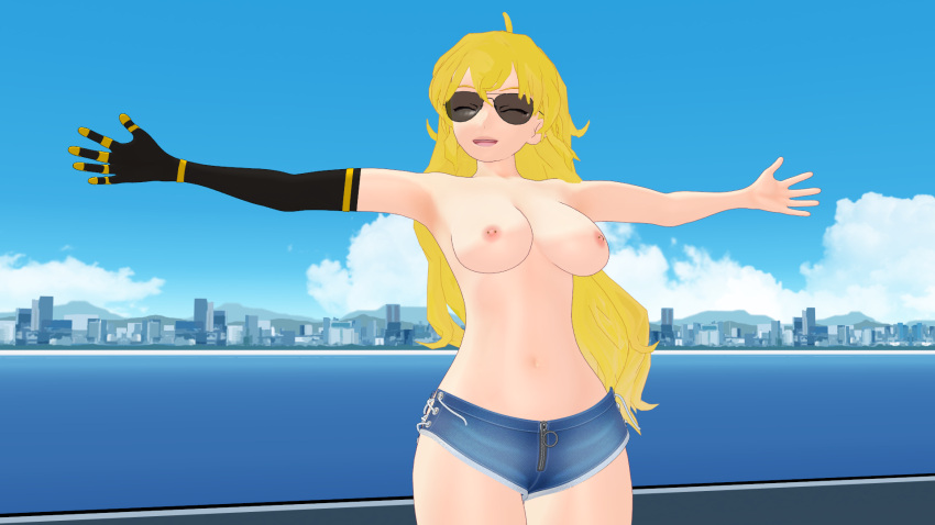 1girls 3d 3d_(artwork) armwear aviator_sunglasses big_breasts blonde_female blonde_hair breasts busty casual casual_nudity casual_topless clothing eyewear female half-dressed half_naked happy human large_breasts long_hair long_hair_female navel nipple_piercing nonsexual_nudity nudist pale_skin public purple_eyes robotic_arm rwby smile sunglasses theblackbirdcalls tinted_eyewear topless voluptuous yang_xiao_long